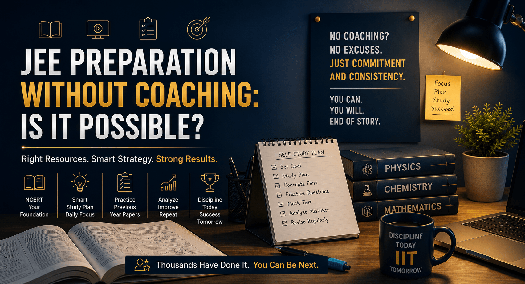 JEE Preparation Without Coaching: Is It Possible? 1 Student preparing for JEE without coaching using books, online resources, and study planner